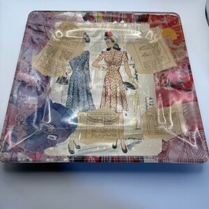 Handmade Decoupage Glass Plate 10x10 Featuring Vintage Sewing Patterns